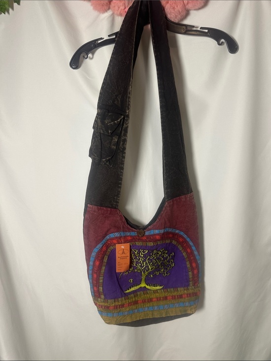Kathmandu Imports Handbags - Embroidered Tree Boho Crossbody Bag - Purple & Burgundy